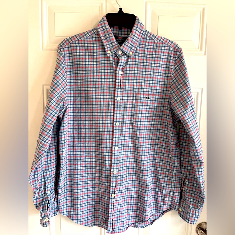 Vineyard Vines Shirt Mens M Blue Pink Plaid Slim‎ Fit Tucker Button Up Cotton
